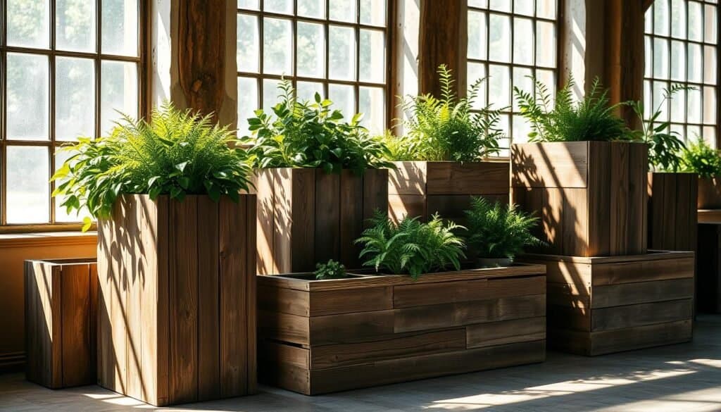 A rustic arrangement of reclaimed wood planters, their weathered surfaces telling stories of bygone eras. Sunlight filters through large windows, casting warm, soft illumination that accentuates the natural textures and imperfections of the salvaged timber. The planters are positioned at varying heights, creating a visually intriguing composition against a backdrop of muted, earthy tones. Lush, verdant plants spill over the edges, adding a touch of vibrant life to the scene. The overall atmosphere evokes a sense of timeless charm and a celebration of the beauty found in imperfection.