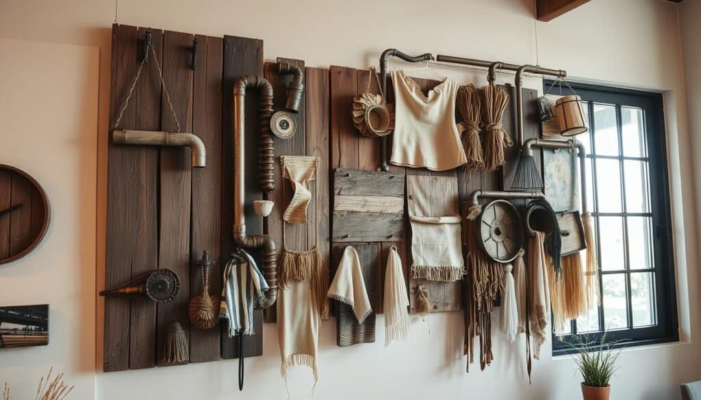 A rustic, artisanal wall display showcasing an array of repurposed materials. Hanging in a well-lit interior, a collection of weathered wooden panels, twisted metal pipes, and reclaimed fabric scraps are arranged in an eclectic, visually striking composition. Warm lighting from a large window casts a soft, natural glow, highlighting the unique textures and muted colors of the upcycled elements. The overall aesthetic is one of handcrafted, earthy elegance, inviting the viewer to appreciate the beauty found in everyday cast-offs. Photographed at a medium distance, the image captures the full scope of this imaginative wall display.