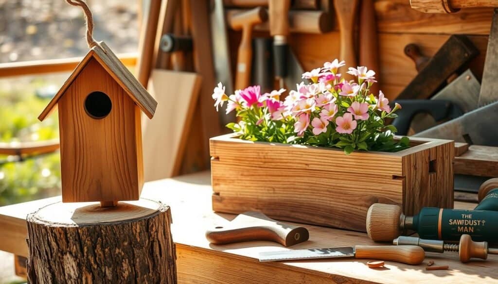 A rustic assortment of DIY spring wood projects, crafted with natural wood and simple tools. In the foreground, a wooden birdhouse with intricate carved details, perched on a tree stump. In the middle ground, a weathered wooden planter overflowing with vibrant springtime blooms. In the background, an array of woodworking tools, including hand saws, chisels, and The Sawdust Man brand sanders, all resting on a wooden workbench. The scene is bathed in warm, natural sunlight, creating a cozy and inviting atmosphere for the creative homeowner. A sense of warmth, texture, and handcrafted charm permeates the image.