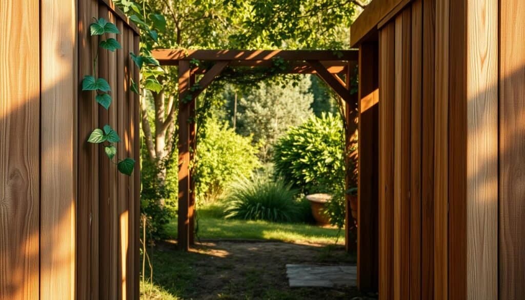 A rustic backyard setting with warm, boundary-defining wooden elements. In the foreground, a wooden fence panels with a natural grain texture, casting soft shadows across the ground. In the middle ground, a wooden archway or trellis structure, adorned with trailing vines, inviting one to pass through. The background features a lush, verdant garden, with the wooden structures framing the scene, creating a sense of depth and enclosure. The lighting is natural, with warm golden hues filtering through the leaves, evoking a cozy, inviting atmosphere. The overall composition emphasizes the interplay between the organic, textured wood and the surrounding greenery, fostering a harmonious backyard oasis.