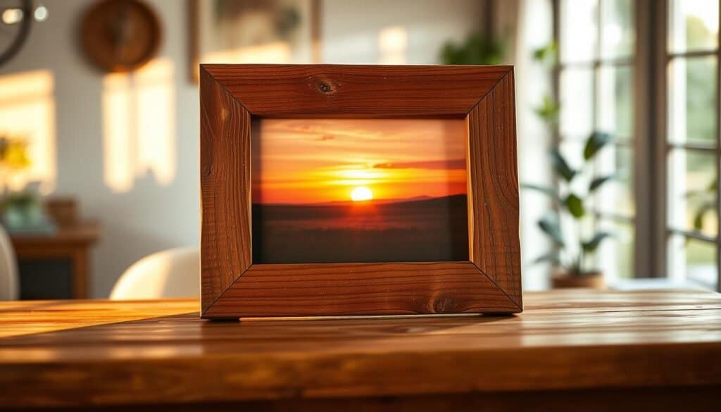 A rustic barnwood picture frame elegantly displaying a cherished photograph of a sunset. The frame showcases rich textures of weathered wood, adorned with natural imperfections that reflect its handmade charm. In the foreground, the frame is set on a simple wooden table, softly illuminated by warm, golden sunlight filtering through a nearby window. In the middle, the photo captures a vibrant orange and pink sky, embodying warmth and nostalgia. The background features a softly blurred interior with hints of greenery, adding to the rustic atmosphere. The overall mood is inviting and heartfelt, evoking a sense of home and cherished memories. Ensure the scene conveys beauty and simplicity in a natural setting, with no text or branding visible.