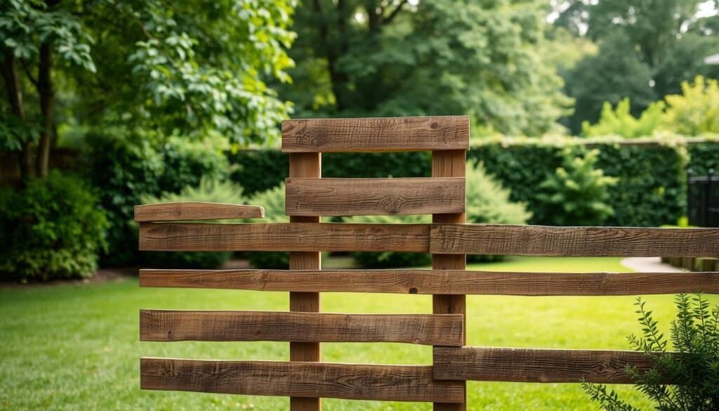 A rustic, budget-friendly DIY privacy screen made from upcycled wooden pallets, set against a lush, verdant backyard. Weathered boards are arranged in an overlapping pattern, creating a visually interesting and textured surface. Soft, diffused natural light filters through the gaps, casting gentle shadows that add depth and visual interest. The screen is positioned in the foreground, with a well-manicured lawn and flourishing shrubbery in the middle ground, and a blurred, verdant backdrop of trees and foliage. The overall scene conveys a sense of tranquility, practicality, and a touch of rustic charm - a perfect illustration of a budget-friendly, DIY privacy solution for the backyard.