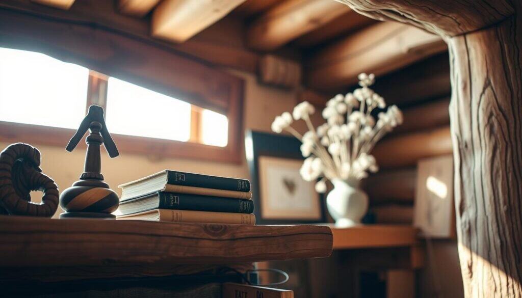 A rustic cabin interior with warm wooden accents, bathed in soft natural light. The foreground showcases a handcrafted wooden shelf displaying an assortment of small decorative items - a carved wooden figurine, a stack of aged hardcover books, and a ceramic vase filled with wildflowers. In the middle ground, a rough-hewn wooden beam frames the scene, casting gentle shadows. The background reveals wooden wall paneling and exposed ceiling beams, creating a cozy, cabin-like ambiance. The overall mood is one of inviting comfort and artisanal charm.