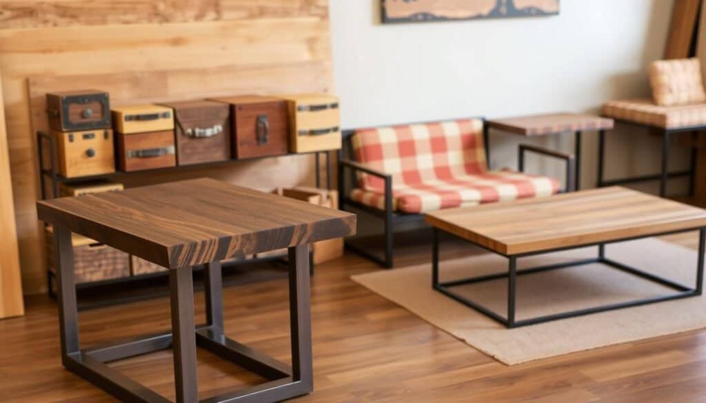 A rustic collection of seven expertly crafted wood and metal DIY projects, showcasing the skilled workmanship of "The Sawdust Man". A detailed table with a sleek steel frame and a smooth, polished wooden top stands in the foreground, its intricate joinery and finishing evident. Beside it, a wall-mounted storage unit displays an array of handmade wooden boxes, each with unique metal accents. In the background, a sturdy metal-framed bench with a woven seat and a minimalist wooden coffee table create a harmonious, well-designed living space. Warm, natural lighting illuminates the scene, highlighting the textural interplay of the materials and the precision of the craftsmanship.