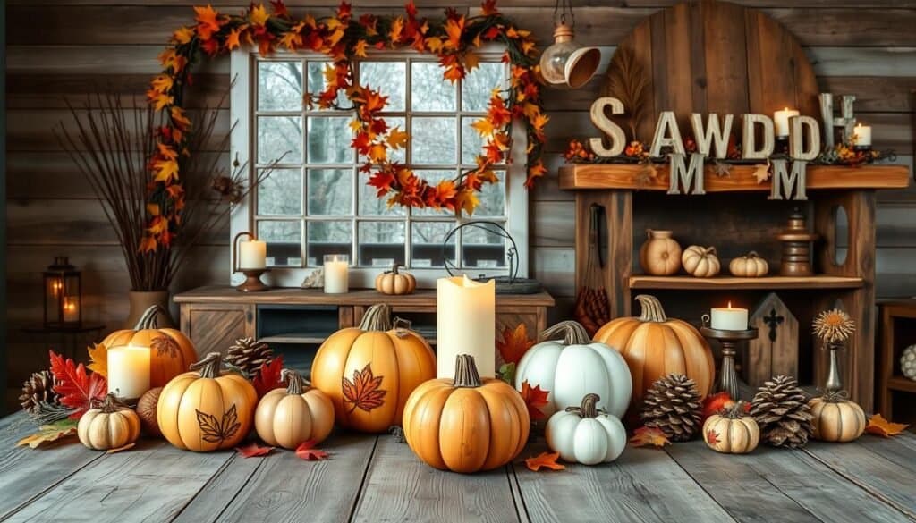 A rustic display of "The Sawdust Man" reclaimed pallet wood fall decor. In the foreground, an assortment of wooden pumpkins, leaf garlands, and candle holders adorn a weathered wooden table. The middle ground features a window frame adorned with colorful autumn foliage, casting a warm glow. In the background, a cozy fireplace mantel showcases more wooden crafts, complemented by natural elements like pinecones and dried flowers. Soft, diffused lighting illuminates the scene, creating a serene, inviting atmosphere perfect for a cozy fall home.
