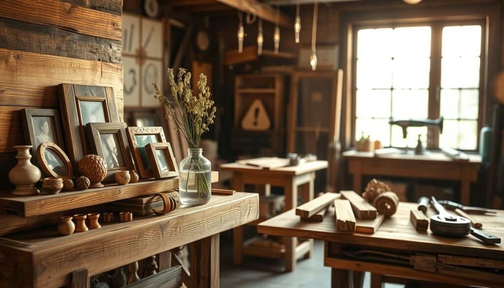 A rustic, earthy still life showcasing a collection of reclaimed wood projects. In the foreground, a beautifully weathered wooden shelf displays an assortment of handcrafted trinkets, picture frames, and a small vase of wildflowers. The middle ground features a vintage workbench with tools and raw wood materials, conveying a sense of craftsmanship. In the background, natural light streams through a large window, casting a warm, golden glow over the scene. The overall atmosphere is one of tranquil simplicity, celebrating the inherent beauty and character of reclaimed materials.