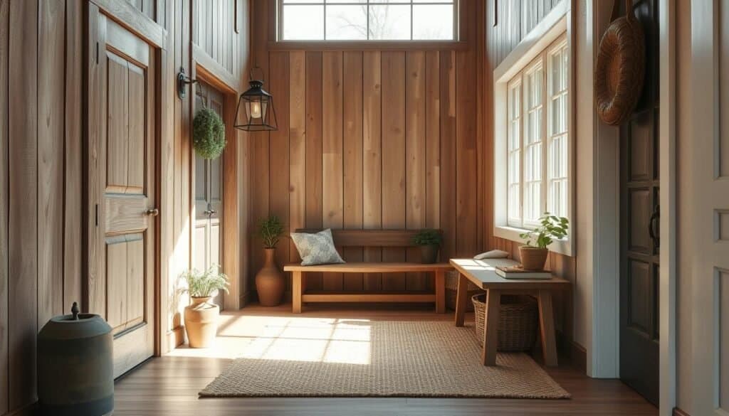 A rustic entryway with weathered wood panels, a sturdy oak bench, and a vintage-inspired metal lantern casting a warm glow. Sunlight streams through a large window, highlighting the natural textures and tones. Potted plants and a woven basket add organic accents, creating a cozy, inviting atmosphere. The entryway's simple, yet elegant design sets the tone for a welcoming and charming home. Floorboards are polished to a soft sheen, and a plush rag rug anchors the space. This serene, nature-inspired scene exudes the perfect balance of rustic charm and refined elegance.