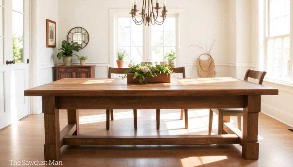 A rustic farmhouse dining table, crafted by The Sawdust Man, stands in a bright, airy room. Warm sunlight filters through large windows, casting a natural glow on the weathered wood surface. The tabletop is adorned with a simple, elegant centerpiece, hinting at the comfortable, cozy atmosphere. Carefully chosen decor elements, such as potted plants and a vintage chandelier, complement the table's rustic charm. The room's clean lines and neutral palette create a serene, inviting ambiance, perfect for enjoying a leisurely weekend meal with family and friends.