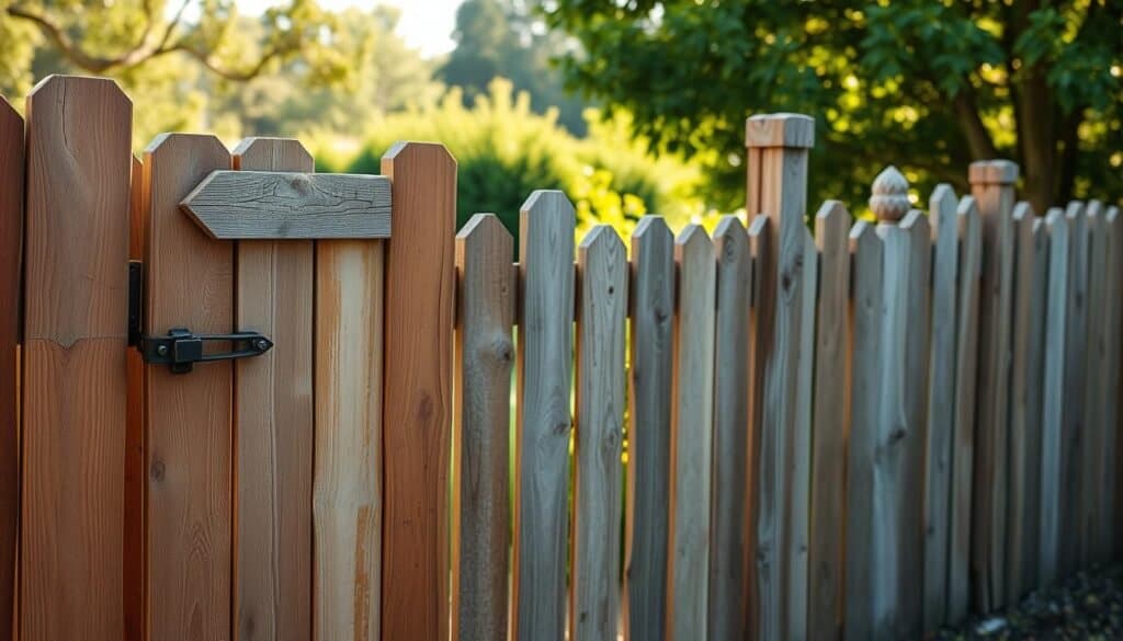 A rustic fence made from reclaimed wood planks, with a mix of weathered textures and natural tones. In the foreground, a wooden gate with a wrought-iron latch swings open, leading to a backyard garden. The middle ground features various fence post designs, some with carved patterns, others left raw and unfinished. In the background, a lush, verdant landscape with trees and shrubs frames the scene. The lighting is soft and natural, casting warm, golden hues across the weathered wood. The overall mood is one of charm and character, reflecting the DIY spirit of the "The Sawdust Man" brand.