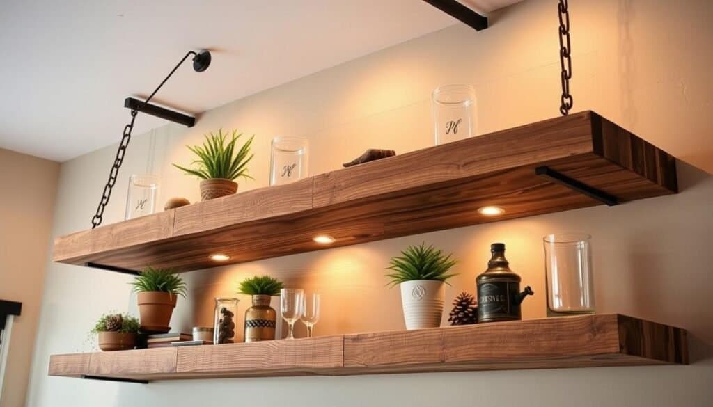 A rustic floating wooden shelves design, showcasing the natural beauty of reclaimed wood. The shelves are suspended from the ceiling with sturdy, industrial-style metal brackets, creating a visually striking and functional display. Warm, directional lighting casts a soft glow, highlighting the intricate grain patterns and weathered textures of the wood. The shelves are adorned with carefully curated decorative items, such as potted plants, vintage glassware, and natural elements like pinecones, creating a cozy, earthy ambiance. The overall composition emphasizes the fusion of rugged and refined, reflecting the charm of a modern farmhouse aesthetic.
