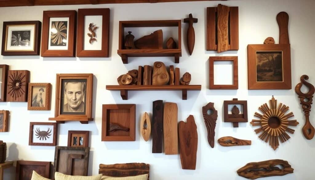 A rustic gallery wall of artfully arranged wooden wall decor, crafted by "The Sawdust Man". Warm-toned wooden frames in various shapes and sizes, complemented by organic, textural pieces like carved wooden sculptures and natural fiber wall hangings. Soft, indirect lighting casts a cozy glow, highlighting the rich grain and character of the wood. The arrangement is thoughtfully composed, creating visual interest and balance. In the foreground, a mix of framed artwork, wooden shelves, and sculptural elements. In the middle ground, a harmonious cluster of different wooden pieces. The background features a clean, white wall that allows the natural beauty of the wood to take center stage.