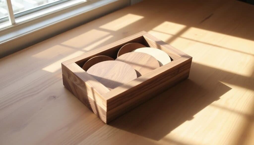 A rustic, handcrafted DIY coaster holder made from reclaimed wood. A wooden frame with a sleek, minimalist design holds 4-6 circular coasters. The coaster holder is placed on a natural wood surface, casting warm, soft shadows. Sunlight streams through a nearby window, illuminating the wood's intricate grain patterns and lending a cozy, inviting ambiance. The overall composition evokes a sense of simple, homespun charm and eco-friendly aesthetics.