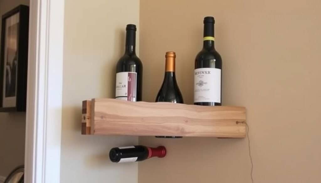 A rustic, handcrafted DIY wine rack made of reclaimed wood planks, featuring a simple yet elegant design with a natural, organic aesthetic. The rack is positioned against a neutral-toned wall, with soft, diffused lighting casting a warm, inviting glow. The wine bottles are arranged in a visually pleasing manner, showcasing the rack's functionality and highlighting its decorative appeal. The overall scene conveys a sense of cozy, homely charm, perfectly suited for a small space or a dedicated wine corner.