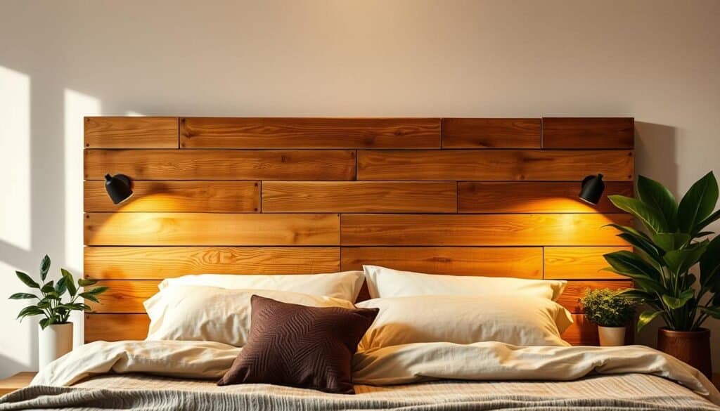 A rustic, handcrafted pallet headboard taking center stage in a cozy, warmly-lit bedroom. Roughly sanded wooden planks in earthy tones, each board bearing the character of its wood grain, assembled into a simple yet striking design. Soft, diffused lighting casts gentle shadows, highlighting the natural textures and imperfections of the reclaimed material. The headboard is positioned against a backdrop of neutral-toned walls, allowing the captivating, rustic charm of the piece to shine. Lush, verdant plants and natural decor accents add a touch of organic elegance, creating an inviting, homely atmosphere.