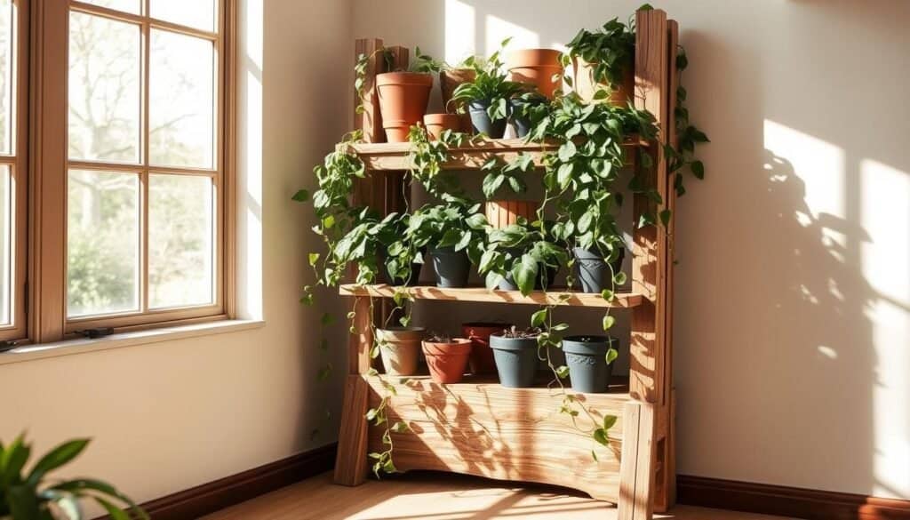 A rustic, handcrafted plant shelf standing in a sun-dappled corner, its weathered wood planks complemented by the soft, natural textures of potted greenery. Trailing vines cascade over the edges, lending an organic, lived-in feel. Warm, diffused lighting filters through a large window, casting gentle shadows and highlighting the shelf's artisanal details. The overall atmosphere is one of effortless, earthy charm - a harmonious blend of nature and the handmade.
