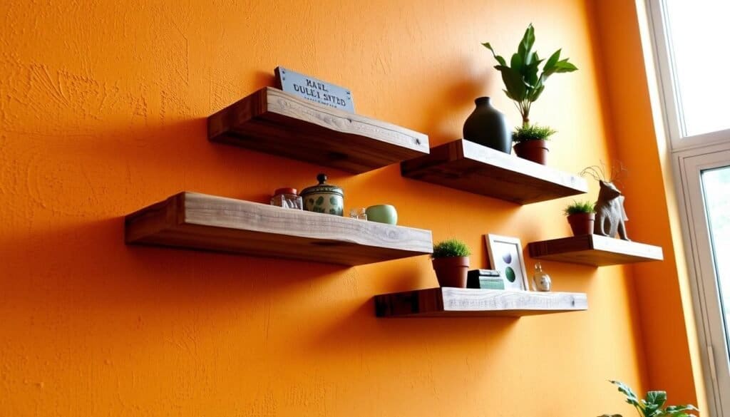 A rustic, handcrafted set of floating shelves made from reclaimed wood planks, suspended against a warm, textured wall. The shelves have a natural, weathered appearance with visible knots and grain, creating an organic, earthy feel. Soft, diffused lighting from a nearby window casts a gentle glow, highlighting the rich wood tones. The shelves are arranged in a staggered, asymmetric layout, adding visual interest. Carefully curated decorative items, such as potted plants and vintage trinkets, sit atop the shelves, complementing the rustic aesthetic. The overall scene exudes a sense of cozy, relaxed charm, perfect for displaying treasured items in a charming, homemade manner.
