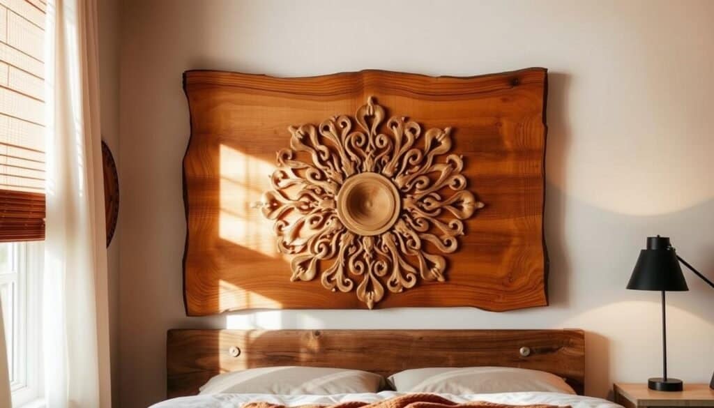 A rustic, handcrafted wall art piece by "The Sawdust Man", featuring intricate woodworking and natural textures. The artwork is displayed in a cozy, well-lit bedroom setting, complementing the warm, earthy color palette and clean, minimalist decor. The composition features a central focal point, with intricate patterns and organic shapes carved into the wood panel, casting soft shadows across the wall. The lighting is gentle, highlighting the depth and dimension of the piece, creating a sense of depth and dimension. The overall atmosphere is one of tranquility and personal expression, inviting the viewer to appreciate the time and care put into this unique, handmade creation.