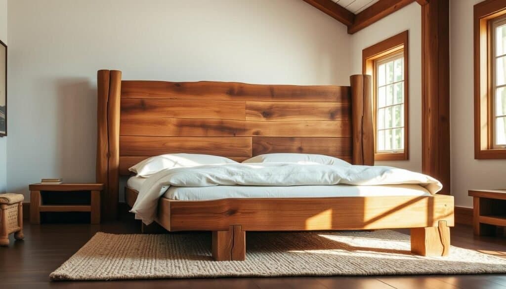 A rustic, handcrafted wooden bed frame dominates the spacious bedroom. Weathered oak planks form the headboard and footboard, their natural grain and knots accentuated by soft, warm lighting. Thick, distressed wooden posts support the frame, creating a sense of solidity and timelessness. Soft, natural linen bedding complements the rustic aesthetic, while a woolen area rug grounds the scene in an earthy, cozy ambiance. Sunlight streams in through large windows, casting a gentle glow across the scene. The overall atmosphere is one of relaxed, rustic elegance, perfectly suited for a restful, rejuvenating slumber.
