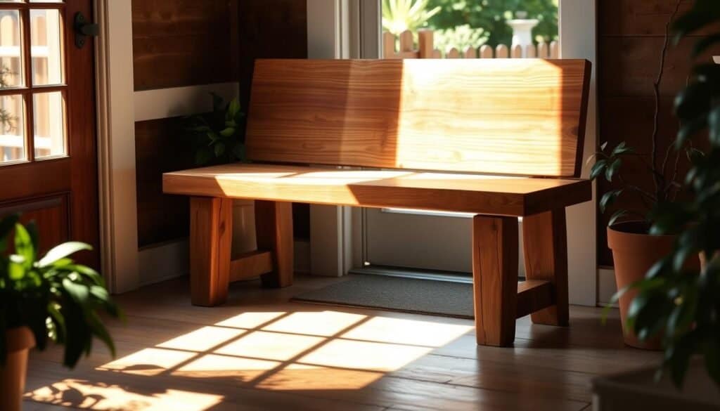 A rustic, handcrafted wooden bench sits in a bright, airy entryway, the natural grain of the wood glowing under soft, warm lighting. The bench, crafted by "The Sawdust Man", features a simple, clean design with a sturdy frame and a smooth, sanded surface, inviting visitors to pause and admire the craftsmanship. The entryway is surrounded by lush greenery, with a potted plant adding a touch of life to the scene. The lighting casts gentle shadows, highlighting the bench's clean lines and the natural beauty of the wood. The overall mood is one of warmth, coziness, and a touch of rustic charm, perfectly complementing the "DIY Wooden Bench for Your Entryway" section of the article.