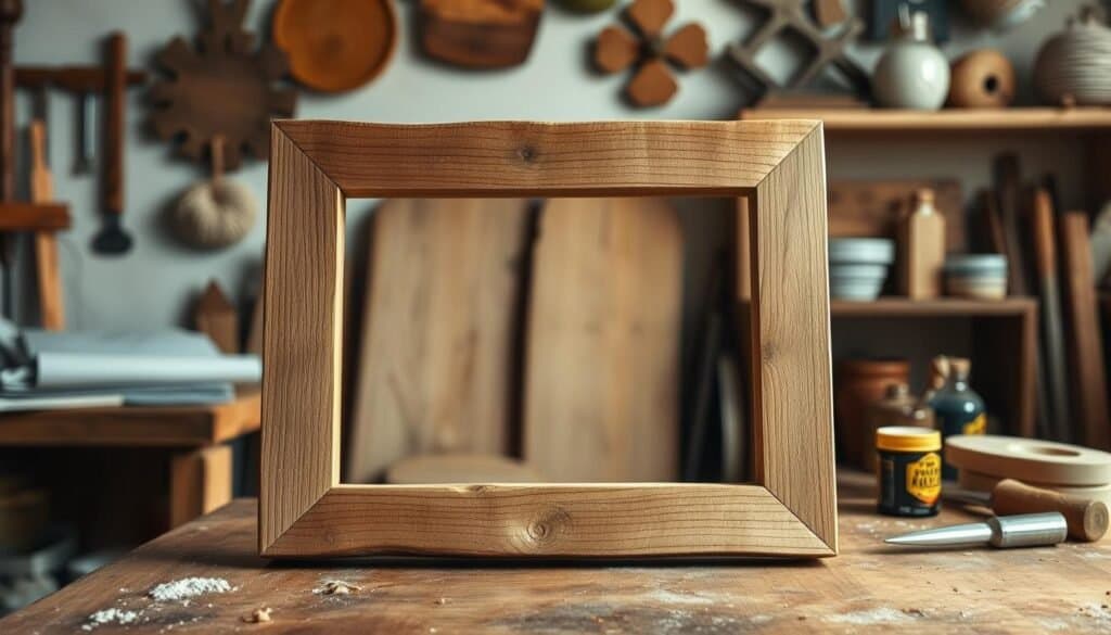 A rustic, handcrafted wooden frame in the foreground, its natural grain and texture accentuated by warm, soft lighting. The frame is placed on a wooden workbench or table, surrounded by various DIY woodworking tools and materials, such as sandpaper, chisels, and stains, creating a cozy, artisanal atmosphere. In the background, a wall or shelves showcase other DIY rustic home decor items, complementing the frame and the overall bedroom ambiance. The lighting is a combination of natural and artificial sources, casting gentle shadows and highlights to enhance the frame's depth and character. The overall scene conveys a sense of craftsmanship, warmth, and a touch of rustic charm, perfect for a bedroom setting.