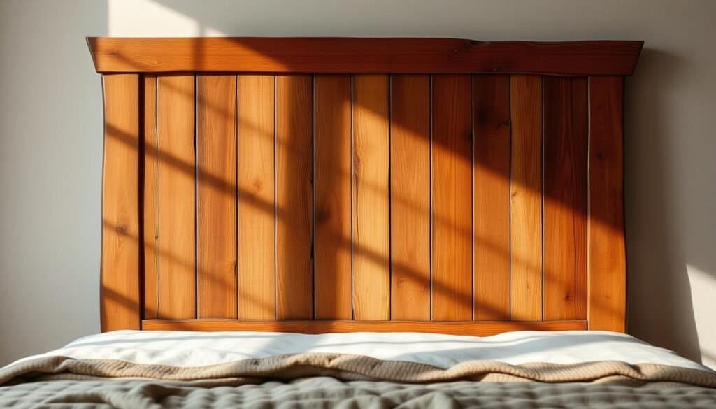 A rustic, handcrafted wooden headboard takes center stage, its natural grain and warm tones exuding a cozy, inviting ambiance. The headboard is positioned against a softly lit, neutral-toned backdrop, allowing its organic beauty to shine. Intricate, artisanal details, such as a subtle distressed finish or gentle curves, add depth and character to the piece. Carefully placed lighting casts gentle shadows, accentuating the headboard's three-dimensional form and creating a soothing, intimate atmosphere. The overall composition conveys a sense of craftsmanship, comfort, and a touch of rustic elegance, perfectly capturing the essence of a DIY wooden headboard that brings warmth and charm to any bedroom.