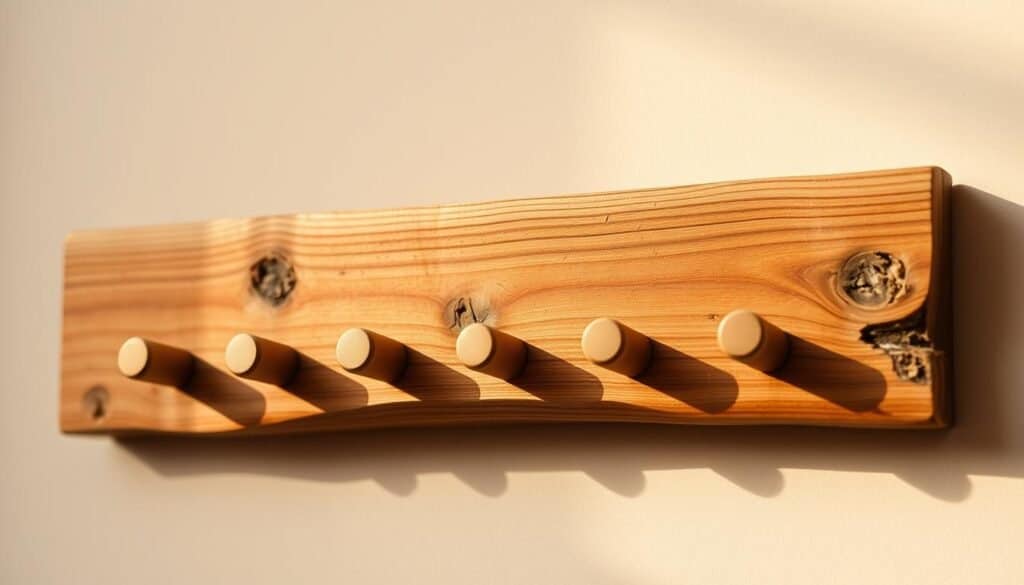 A rustic, handcrafted wooden key holder with a natural, weathered finish. The organizer features several pegs or hooks carefully carved and arranged in a visually appealing, symmetrical pattern. The wood grain is prominent, with subtle knots and variations that add character. Warm, soft lighting casts gentle shadows, highlighting the tactile, artisanal quality of the piece. The key holder is positioned on a plain, neutral-toned background, allowing the craftsmanship to take center stage. The overall composition conveys a sense of simplicity, functionality, and the charming aesthetic of a thoughtfully designed DIY home accessory.