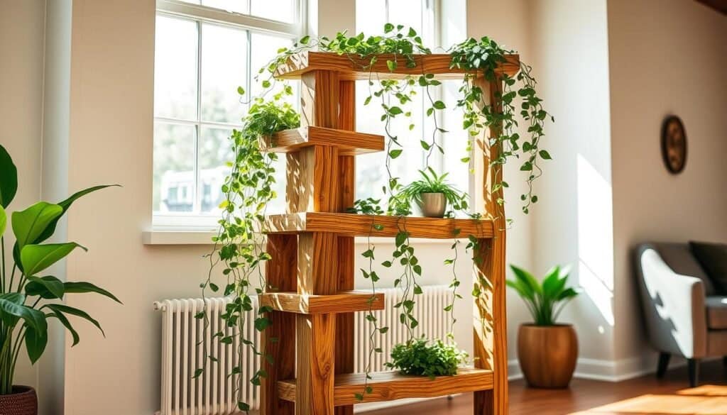 A rustic, handcrafted wooden plant display stands in a sun-dappled room, its natural grains and textures complementing the lush greenery it showcases. Delicate trailing vines cascade from expertly crafted tiered shelves, their leaves casting soft shadows across the warm-toned wood. The display is positioned against a backdrop of neutral-toned walls, allowing the organic materials to take center stage. Balanced lighting from large windows creates a serene, inviting atmosphere, highlighting the display's elegant simplicity and bringing a touch of nature into the modern home interior. A rustic, handcrafted wooden plant display stands in a sun-dappled room, its natural grains and textures complementing the lush greenery it showcases. Delicate trailing vines cascade from expertly crafted tiered shelves, their leaves casting soft shadows across the warm-toned wood. The display is positioned against a backdrop of neutral-toned walls, allowing the organic materials to take center stage. Balanced lighting from large windows creates a serene, inviting atmosphere, highlighting the display's elegant simplicity and bringing a touch of nature into the modern home interior.