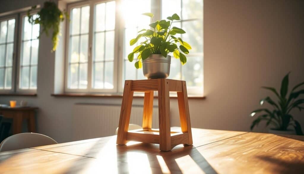 A rustic, handcrafted wooden plant stand sits on a wooden table in a sun-drenched room, its simple yet elegant design complementing the lush greenery of the potted plant atop it. Warm, natural lighting filters in through large windows, casting a soft, golden glow on the scene. The stand's clean lines and natural wood grain texture create a calming, organic atmosphere, seamlessly blending nature and decor. The image captures the beauty of a DIY wooden plant stand that would be a perfect addition to a cozy, plant-filled corner, contributing to a sense of tranquility and well-being.