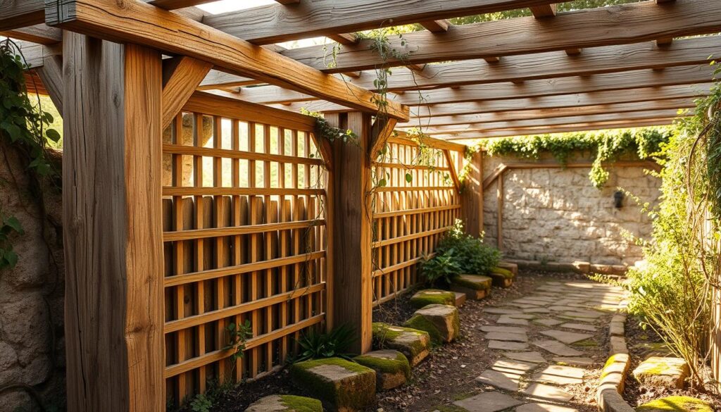 A rustic, handcrafted wooden trellis, its weathered beams and slats forming a charming, natural framework. Sunlight filters through the gaps, casting a warm, golden glow. Delicate vines and climbing plants weave their way through the structure, adding a lush, organic touch. The trellis is situated in a tranquil garden setting, surrounded by earthy tones and textures. Moss-covered stones line the path, and a subtle breeze rustles the foliage. This is a scene of simple beauty, where nature and craftsmanship come together in perfect harmony.