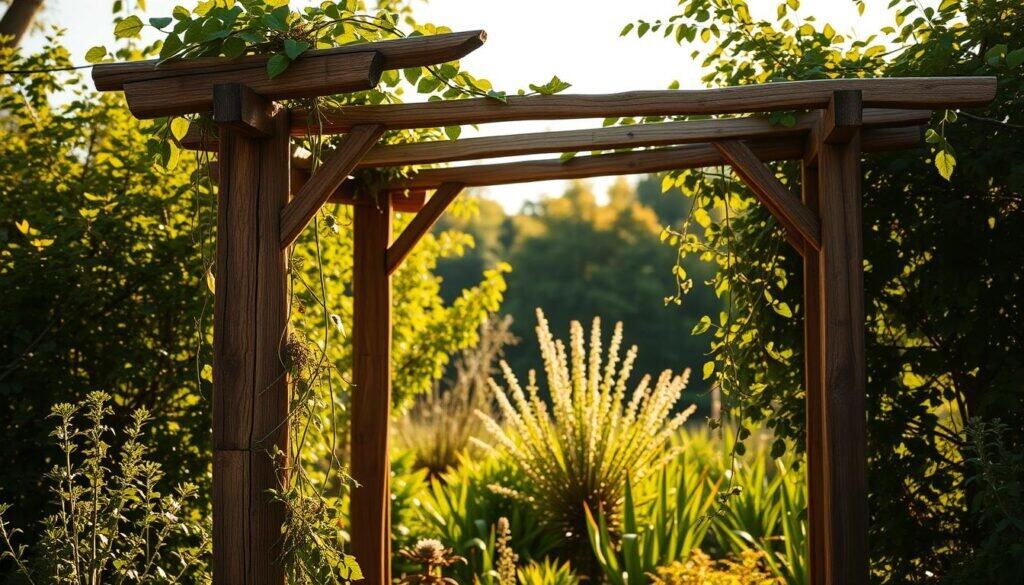 A rustic, handcrafted wooden trellis stands in a lush, verdant garden, its sturdy beams and latticed framework providing a natural support for a variety of climbing vines and plants. The trellis is bathed in warm, golden sunlight, casting soft shadows on the weathered wood. The scene evokes a sense of tranquility and effortless natural beauty, with the trellis seamlessly blending into the organic landscape. The camera angle captures the trellis at a slight diagonal, giving the viewer a sense of depth and emphasizing the intricate details of the craftsmanship. The overall mood is one of rustic charm and simple, elegant design, perfectly suited for showcasing the natural growth and grace of climbing plants.