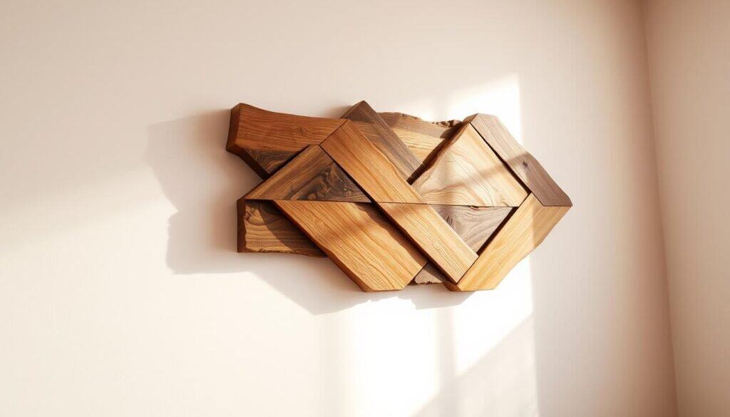 A rustic, handcrafted wooden wall art piece, featuring an intricate geometric design with clean lines and a natural, weathered finish. The piece is artfully mounted on a plain white wall, casting subtle shadows that add depth and texture. Warm, directional lighting highlights the warm wood tones and accentuates the unique grain patterns. The overall aesthetic is one of simple, understated elegance, complementing a modern, minimalist interior design. The image conveys a sense of craftsmanship, creativity, and a touch of rustic charm.