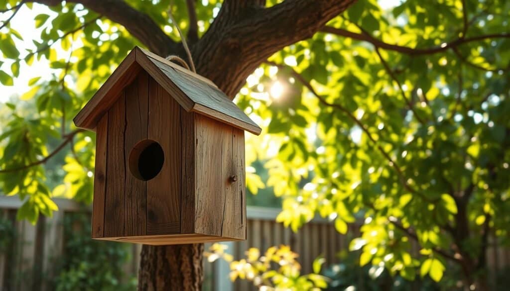 A rustic, handmade birdhouse crafted from reclaimed scrap wood, weathered and textured, hanging from a sturdy tree branch in a lush, verdant backyard. Sunlight filters through the leaves, casting a warm, golden glow on the birdhouse's distressed, natural finish. The birdhouse's simple, organic shape and earthy tones complement the surrounding foliage, creating a charming, nature-inspired scene. Attention to detail showcases the craftsmanship, with visible knots, grains, and imperfections adding to the handmade character. The birdhouse's rustic appeal blends seamlessly with the patio's relaxed, DIY aesthetic.