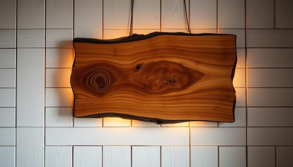 A rustic, handmade wooden wall art piece, featuring a beautifully carved and textured natural wood surface. The piece is illuminated by warm, gentle lighting, casting a cozy, inviting glow. The wood grain and knots are prominently displayed, showcasing the unique character and imperfections of the material. The artwork is hung on a whitewashed, distressed wooden wall, complementing the rustic, earthy aesthetic. The composition is balanced, with the wooden art piece taking center stage, surrounded by a minimalist, uncluttered setting that allows the craftsmanship to shine. The overall mood is one of simplicity, authenticity, and a connection to nature, perfectly suited for a cozy, personalized bedroom space.