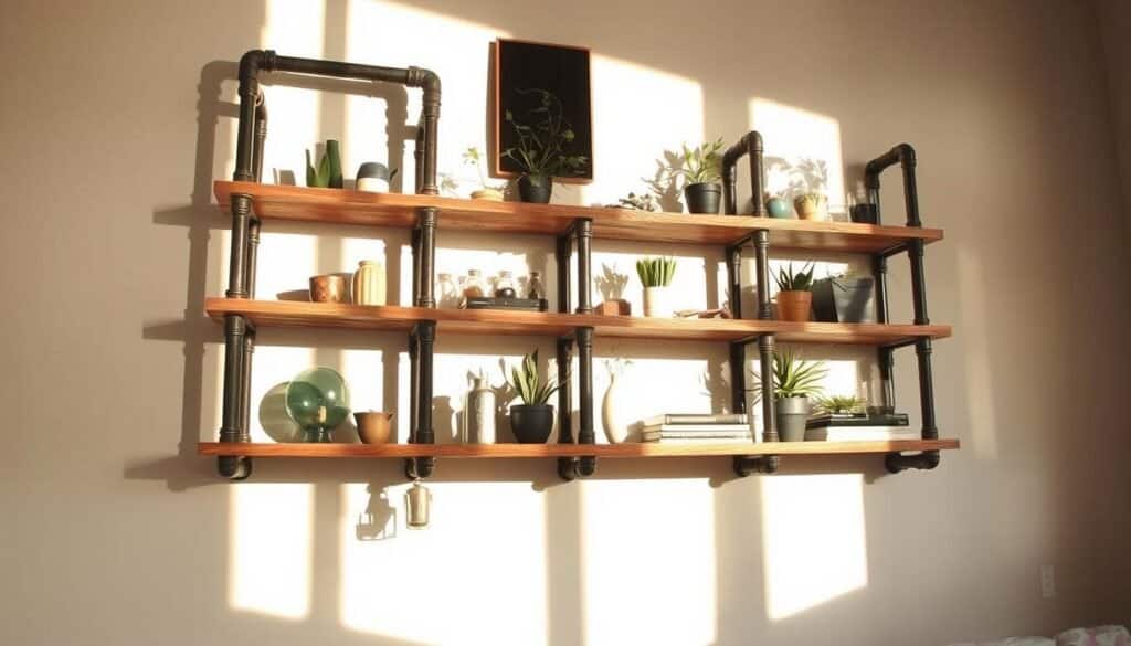 A rustic industrial bookshelf made of reclaimed wooden planks and sturdy metal pipes. The shelf stands in a well-lit room, casting warm shadows on the walls. Sunlight streams through a nearby window, illuminating the natural grain and texture of the wood. The pipes have a weathered, vintage appearance, adding to the overall industrial aesthetic. In the foreground, various decorative items and plants are tastefully arranged on the shelves, creating a balanced and visually appealing composition. In the background, a neutral-toned wall provides a clean backdrop, allowing the bookshelf to be the focal point. This "The Sawdust Man" creation exudes a sense of rustic charm and functionality, perfectly capturing the essence of the "Industrial Pipe and Wood Bookshelf" project.