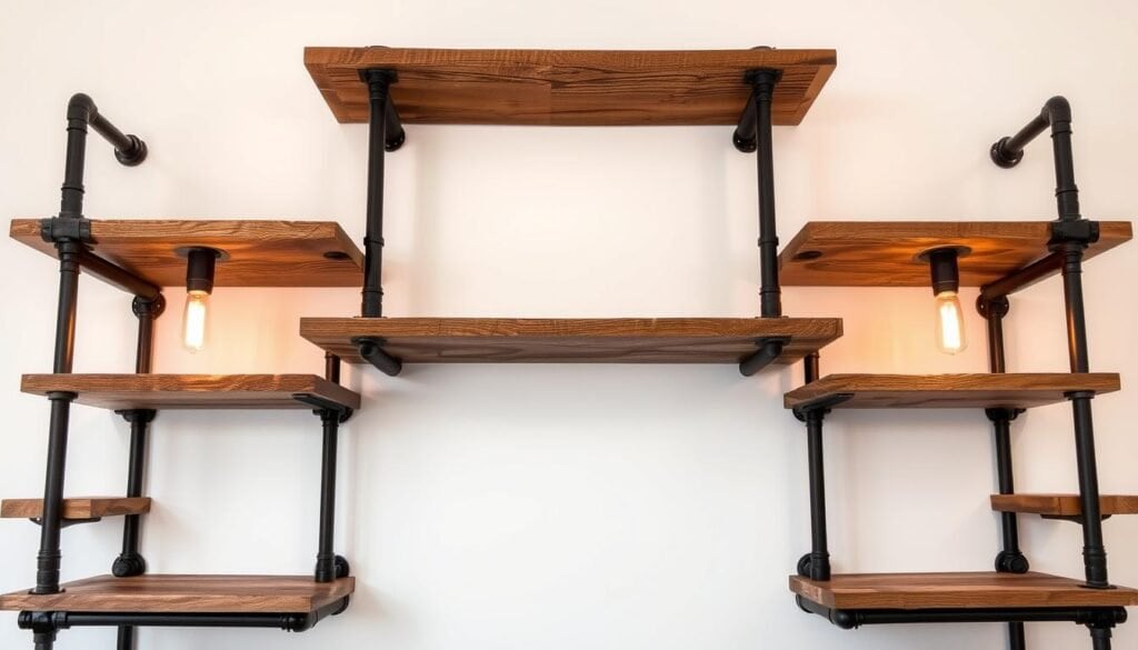 A rustic industrial-style wood and metal shelving unit from the brand "The Sawdust Man". The shelves are made of weathered reclaimed wood planks with visible wood grain and distressed edges. The frame and supports are crafted from matte black steel pipes and fittings, creating a sturdy and utilitarian structure. The lighting is a warm, soft glow from antique-style Edison bulbs, casting a cozy ambiance. The overall composition features a central symmetrical arrangement with the shelves staggered at varying depths, creating depth and visual interest. The scene is set against a plain white wall backdrop, allowing the natural materials and industrial design to be the focal point.