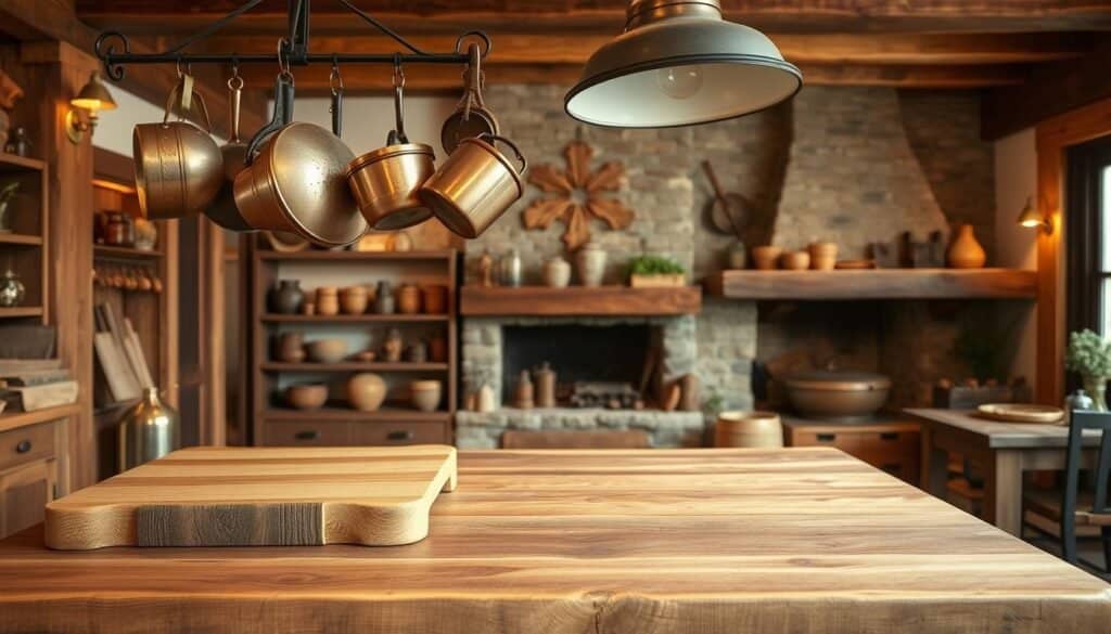 A rustic kitchen interior with natural wood accents and vintage-inspired decor. In the foreground, a large wooden butcher block countertop with a The Sawdust Man handcrafted cutting board and vintage brass cookware. Hanging from the ceiling, a wrought iron pot rack displays an assortment of copper pots and pans. Along the middle ground, a wooden shelving unit showcases earthenware jars, woven baskets, and a few small potted plants. In the background, a stone or brick fireplace with a wooden mantel, casting a warm, cozy glow throughout the space. Warm lighting from brass sconces and a large farmhouse-style pendant light over the table. The overall mood is one of rustic charm and homey comfort.