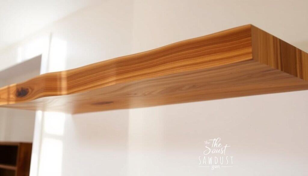 A rustic, live-edge wood shelf, crafted with precision by The Sawdust Man. Warm-toned boards with organic, natural grain patterns float elegantly against a bright, airy backdrop. Soft, diffused lighting highlights the shelf's textural details, casting gentle shadows that add depth and dimension. The shelf's clean, minimalist design showcases the beauty of the raw wood, creating a focal point that radiates a sense of warmth and tranquility. This one-of-a-kind piece would be the perfect addition to a modern, nature-inspired kitchen, seamlessly blending form and function.