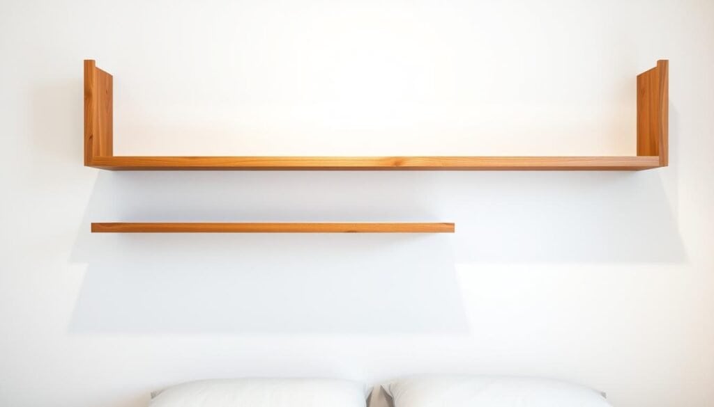 A rustic, minimalist arrangement of three floating wooden shelves, suspended effortlessly against a clean, white wall. The shelves are crafted from warm, natural-toned wood, with a smooth, satin finish that gently reflects the soft, diffused lighting from above. The shelves appear to defy gravity, creating a sense of tranquil weightlessness that complements the serene bedroom environment. The overall composition exudes a calming, balanced aesthetic, perfectly suited to display a few carefully curated décor items or personal treasures. Photographed at a slight angle to capture the shelves' graceful levitation, the image conveys a sense of peaceful, functional simplicity.