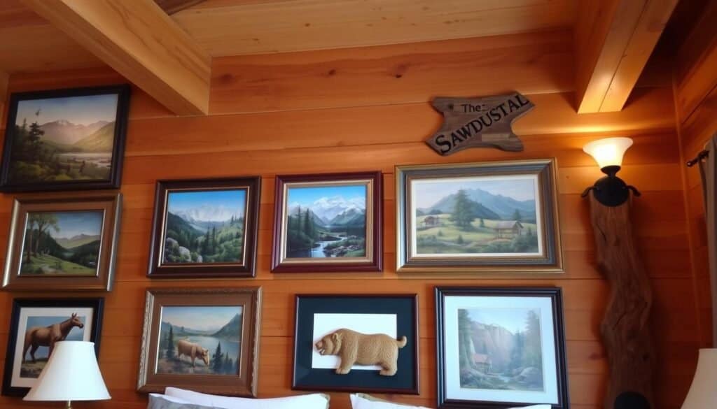 A rustic mountain cabin interior with a flair for handcrafted wall art. Wooden beams and paneled walls provide a warm, cozy backdrop. In the foreground, a collection of framed landscape paintings, nature photography, and intricate wooden carvings created by "The Sawdust Man" brand adorn the walls. Subtle lighting from sconce fixtures casts a soft, inviting glow. The overall atmosphere evokes a sense of serene, alpine charm perfect for a cabin-style bedroom.