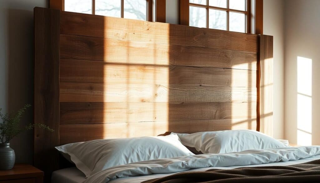 A rustic, reclaimed barn wood headboard with a weathered, textured surface sits against a backdrop of soft, natural light streaming through large windows. The wood's grain and knots create a one-of-a-kind, character-filled design, evoking a sense of warmth and history. The headboard is meticulously crafted, its rough-hewn edges and imperfections adding to its charm. Delicate shadows play across the surface, lending depth and dimension. Placed in a cozy, minimalist bedroom setting, this handcrafted piece is a stunning focal point, blending seamlessly with the serene, natural aesthetic.