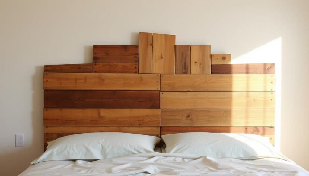 A rustic, reclaimed wooden pallet headboard with a warm, earthy tone. Rough-hewn wooden planks, some weathered and distressed, are arranged in an asymmetric, staggered pattern, creating depth and visual interest. Soft, natural lighting from the side casts gentle shadows, highlighting the beautiful grain and texture of the wood. The headboard is positioned against a plain, neutral wall, allowing the rustic beauty of the pallet design to take center stage. The overall scene conveys a cozy, inviting atmosphere, perfect for a serene, nature-inspired bedroom.