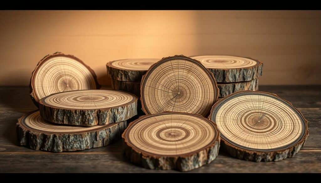 A rustic still life scene showcasing handcrafted wood coasters made from rough-hewn, natural-edged slices of timber. The coasters are arranged in a casual, organic composition, with varying grain patterns and textures on full display. Soft, warm lighting from an overhead source illuminates the coarse, weathered surfaces, casting gentle shadows that accentuate the coasters' tactile qualities. The background is a simple, uncluttered setting, allowing the handmade nature of the pieces to be the primary focus. An overall sense of craftsmanship, simplicity, and coziness permeates the scene.