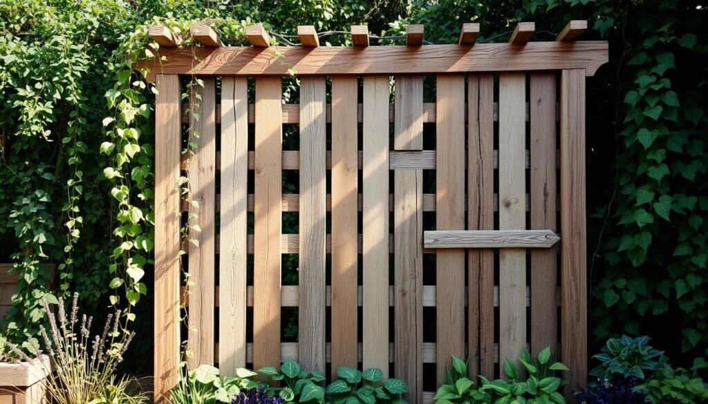 A rustic vertical garden trellis made from reclaimed weathered scrap wood planks, beams, and panels. The structure stands tall against a backdrop of a lush, overgrown garden with trailing vines and greenery. Warm natural lighting filters through the slats, casting soft shadows and highlighting the unique textures and grains of the aged wood. The scene evokes a sense of DIY charm, outdoor living, and sustainability, with the handcrafted trellis centerpiece showcasing the creative potential of repurposed materials.