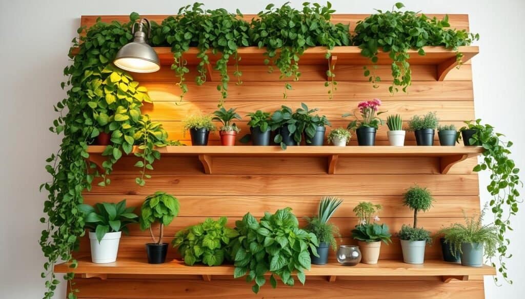 A rustic, wall-mounted wooden shelving unit showcasing a thriving vertical garden. The shelves are crafted from warm, honey-toned wood planks with a natural, distressed finish. Lush, verdant foliage spills over the edges, creating a vibrant, natural cascade. Soft, diffused lighting from sconce fixtures above casts a gentle glow, highlighting the organic textures and colors. The shelves are arranged in a clean, symmetrical grid, providing ample space to display a variety of potted plants, herbs, and small florals. The overall composition exudes a sense of tranquility and brings the beauty of the outdoors into the interior space.