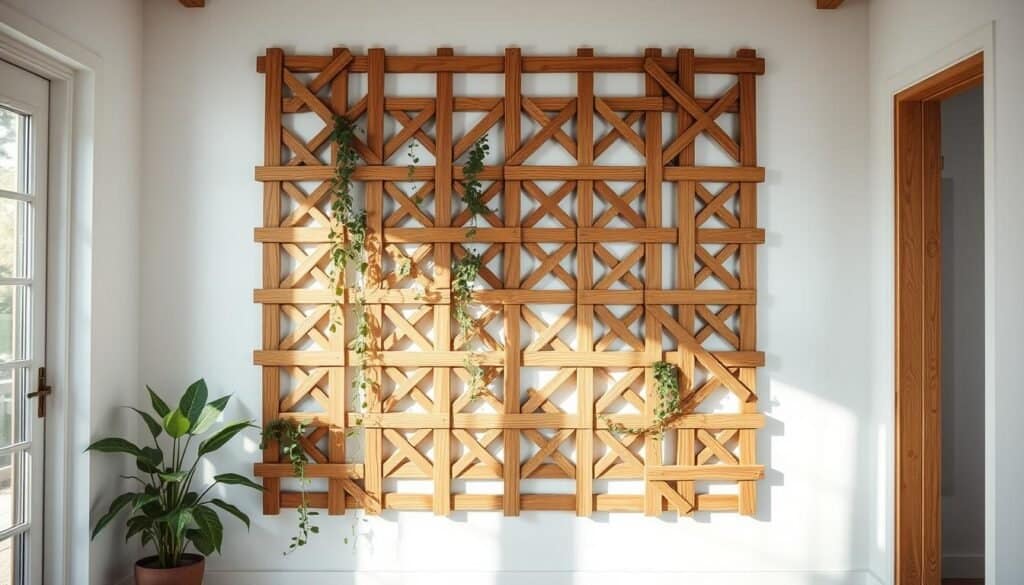 A rustic, wall-mounted wooden trellis system in a minimalist, light-filled interior. The trellis features an intricate criss-cross pattern of natural wood slats, creating a visually striking and functional backdrop for climbing vines and foliage. The lighting is soft and indirect, casting gentle shadows that accentuate the textural details of the wood. The camera angle emphasizes the trellis's clean lines and seamless integration with the surrounding wall, showcasing its versatility for small spaces. An atmosphere of calm, organic elegance permeates the scene, inviting the viewer to envision the trellis as a practical and decorative addition to an indoor or outdoor living area.