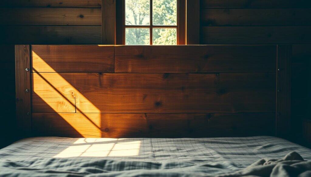 A rustic, weathered wooden headboard fills the frame, its natural grain and knots lending an air of timeless character. Sunlight streams through a window, casting a warm, golden glow and casting soft shadows across the textured surface. The headboard's planks are uneven, with hints of past use and repair visible, lending an authentic, reclaimed feel. The composition emphasizes the headboard's central placement, allowing the viewer to appreciate its sturdy, substantial presence and the story it holds. Subtle details, such as the occasional nail hole or wood imperfection, add to the charm and individuality of this one-of-a-kind piece, perfectly suited for a rustic, cozy bedroom retreat.
