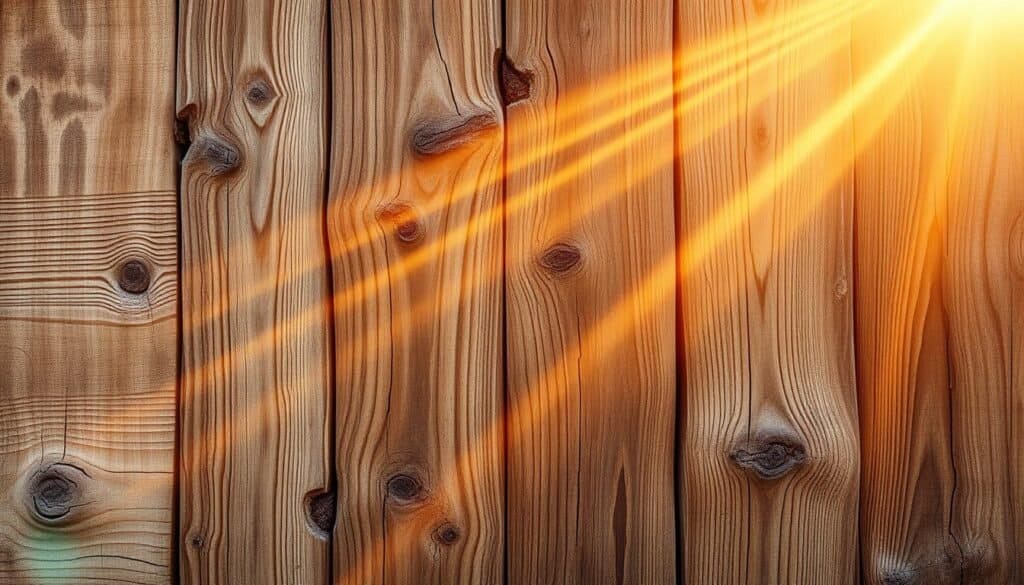 A rustic, weathered wooden wall, with intricate patterns of knots, grains, and natural imperfections. Beams of warm, golden sunlight stream through the gaps, casting a soft, inviting glow across the surface. The wood has a rich, textured finish, with subtle variations in tone and hue, hinting at its earthy, organic origins. The overall scene exudes a sense of warmth, comfort, and a touch of rustic charm, perfect for adding a natural, homey accent to any interior space.