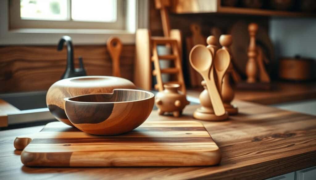 A rustic, well-lit kitchen countertop showcasing a selection of natural wood accent pieces. In the foreground, a wooden cutting board, a decorative wooden bowl, and a set of wooden spoons are artfully arranged. In the middle ground, a wooden wine rack and a wooden candle holder add warmth and texture. The background features a subtly grained wood surface, softly lit by natural lighting filtering through a window. The overall atmosphere evokes a cozy, inviting kitchen space, where the beauty of natural wood accents enhances the culinary experience.