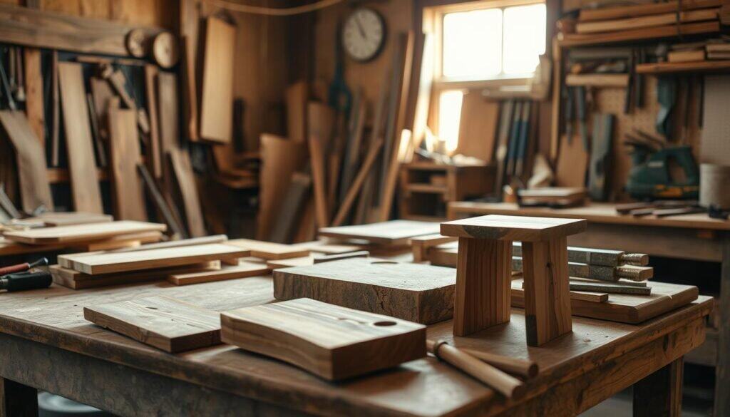 A rustic, well-lit workshop filled with various pieces of scrap wood, meticulously arranged on a workbench. A single ray of sunlight filters through a nearby window, casting a warm glow over the raw, textured surfaces. In the foreground, a few simple yet elegant DIY projects take shape - a small shelf, a decorative wall hanging, and a minimalist side table, all crafted from repurposed wood. The middle ground showcases an assortment of tools, from saws and sanders to chisels and clamps, hinting at the skilled craftsmanship required to transform these humble materials into visually striking home accents. The background fades into a softly blurred space, allowing the focus to remain on the scrap wood creations and the sense of artistry they evoke.