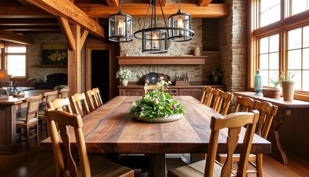 A rustic wood dining area with a large wooden table, natural wooden chairs, and pendant lighting fixtures made of wrought iron. The room features exposed wooden beams, stone walls, and a large window that lets in warm, natural light. On the table, a centerpiece of fresh flowers and greenery adds a touch of spring. The space is cozy and inviting, perfect for gathering with family and friends. Crafted by "The Sawdust Man", this rustic and charming dining area elevates the home with its natural, organic beauty.